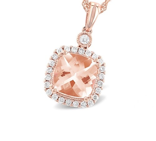 Pendant with pink morganite and rose gold with a diamond halo