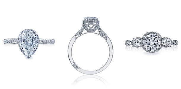 Three engagement rings from the Dantela collection; pear shaped halo with side stone band, side profile of a cathedral setting for a center stone, and a three stone ring with halos and side stone details and curves on the band