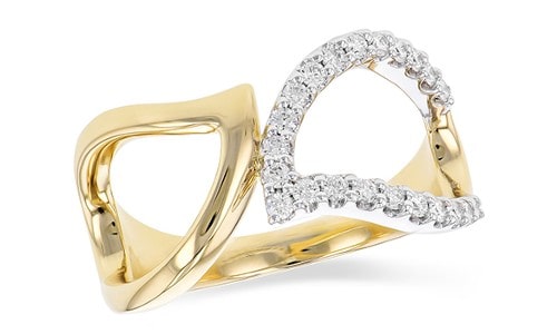 Fashion ring with an elegant yellow gold and diamond leaf-like silhouette