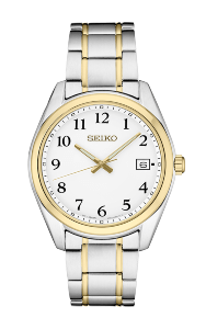 A Seiko watch from the Essential collection features a mixed metal bracelet
