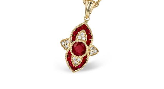 Yellow gold, ruby, and diamond pendant necklace