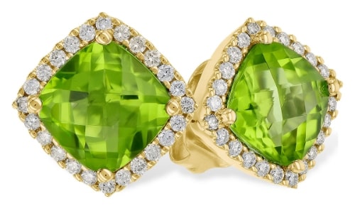 A pair of peridot stud earrings feature diamond accents