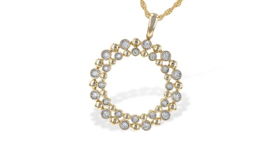 A circle necklace by Allison-Kaufman featuring two rows of diamonds