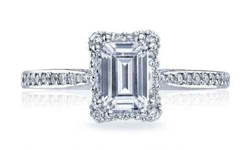 An emerald-cut diamond halo engagement ring from TACORI