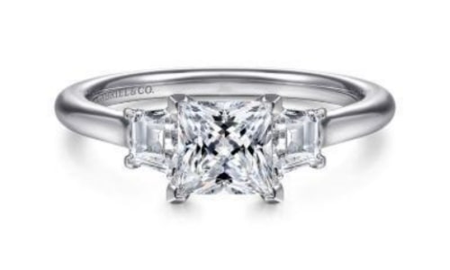 A princess-cut three-stone engagement ring from Gabriel & Co.