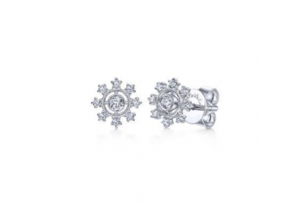 A close-up of white gold and diamond stud earrings, available at Hannoush Jewelers.