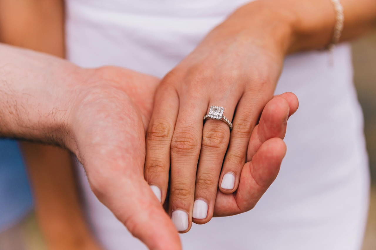 a man’s hand holding a woman’s, adorned with a princess cut engagement ring