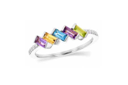 A close-up of a colorful Allison Kaufman ring, available at Hannoush Jewelers.