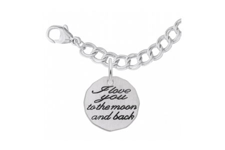 A sentimental Rembrandt Charms bracelet with a charm reading “I love you to the moon and back,” both available at Hannoush Jewelers.