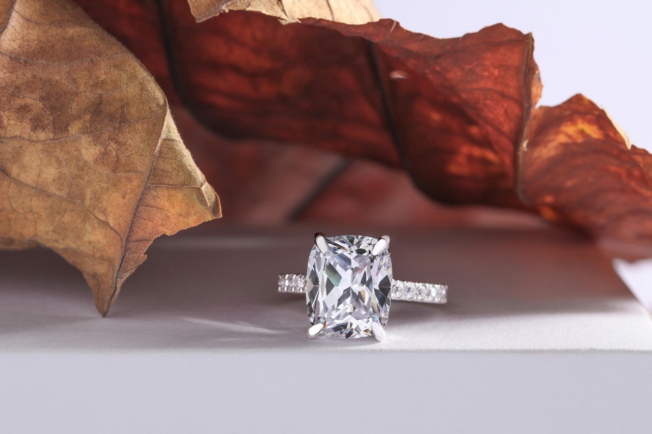 a side stone engagement ring with a radiant cut center stone, sitting under a brown leaf